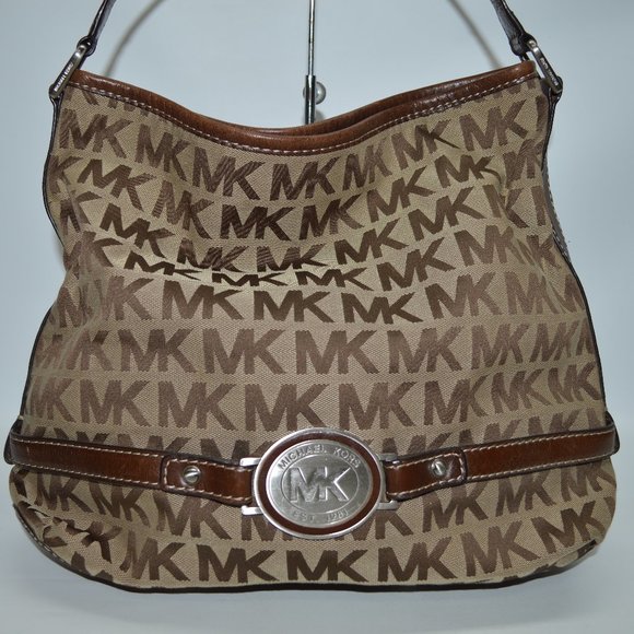 Michael Kors Monogram Khaki Brown Large Hobo Bag Purse - Picture 1 of 11